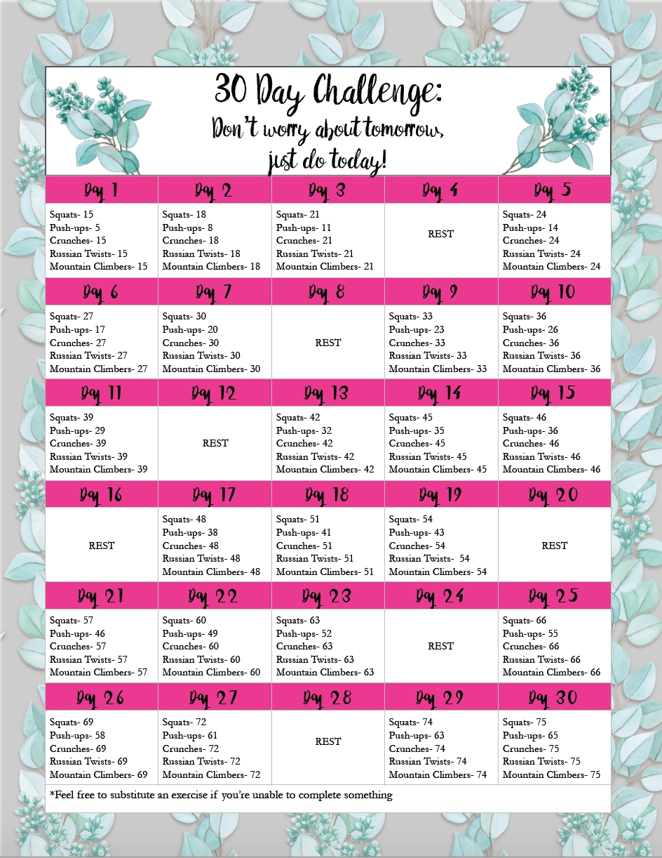 Collect 30 Day Fitness Challenges Printable Charts Best Calendar Example