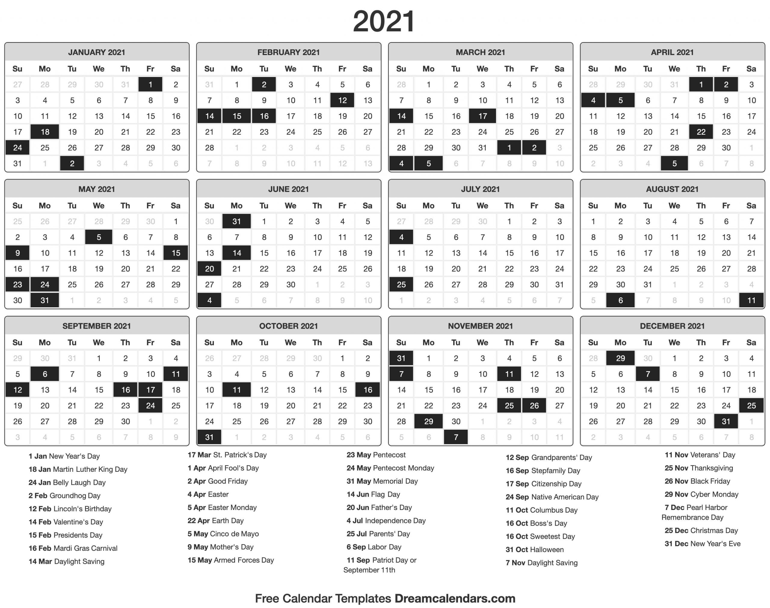 Catch 2021 Calendar With Holidays