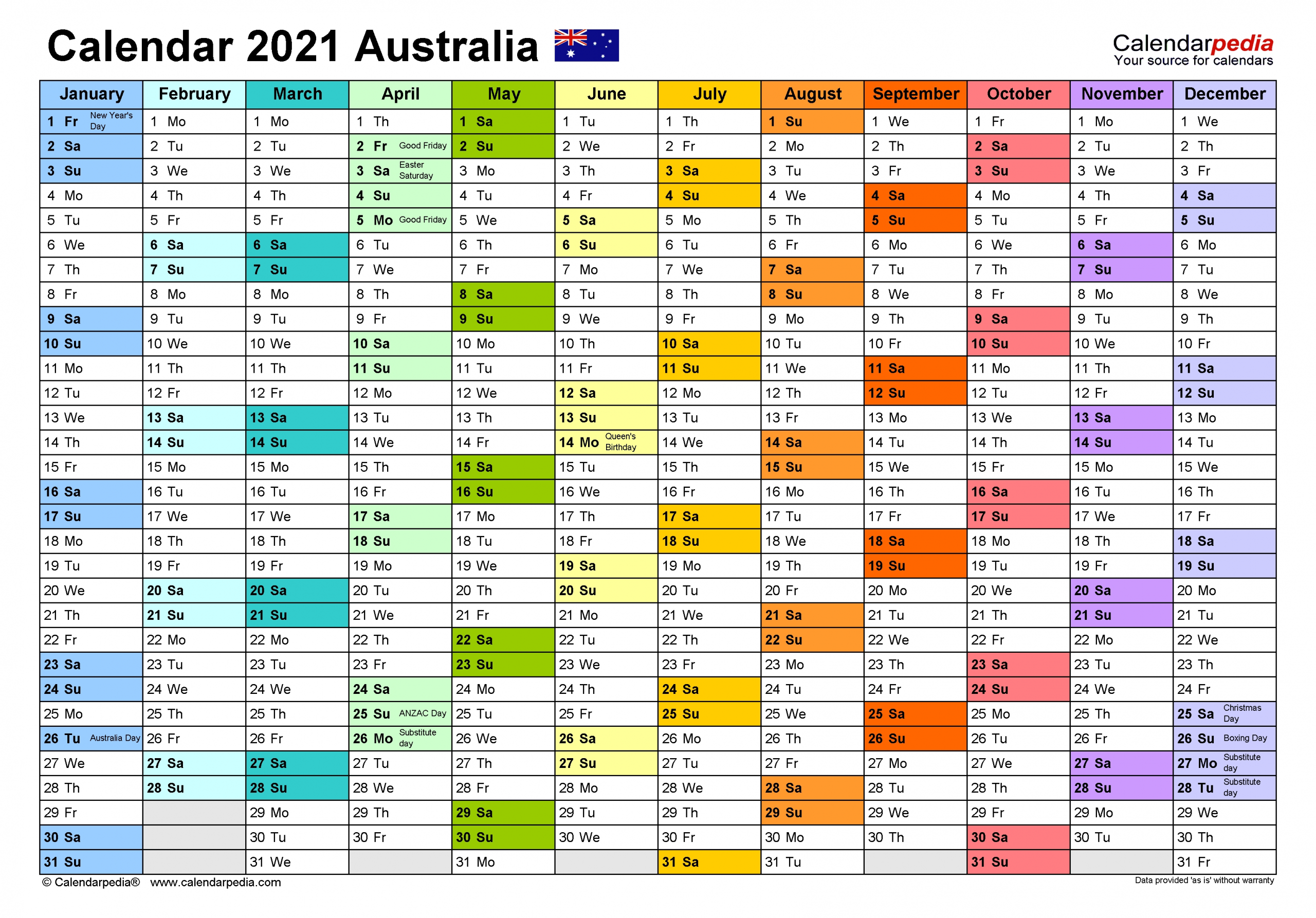 Catch 2021 Free Printable Calendar Australia