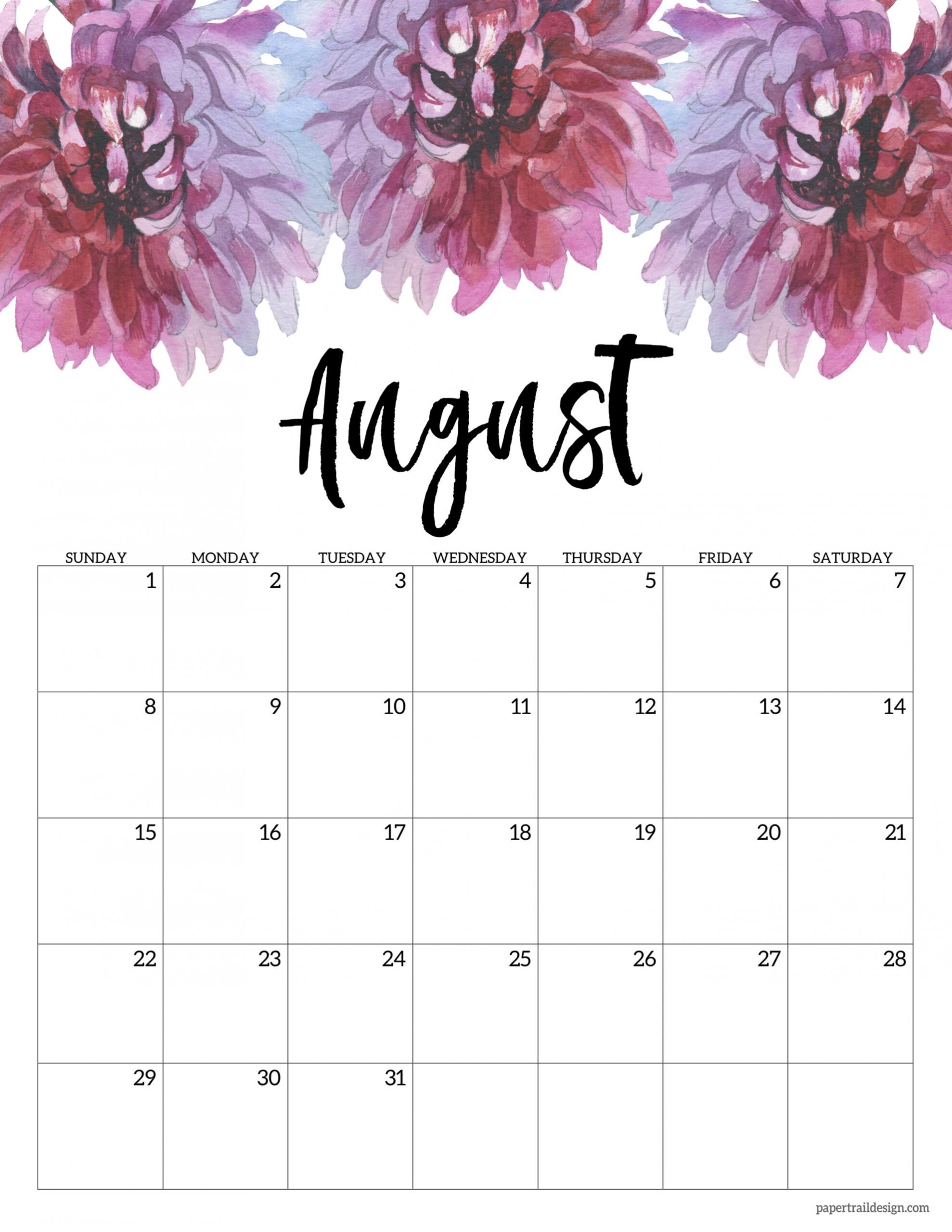 Catch August 2021 Printable Calendar With Flowers
