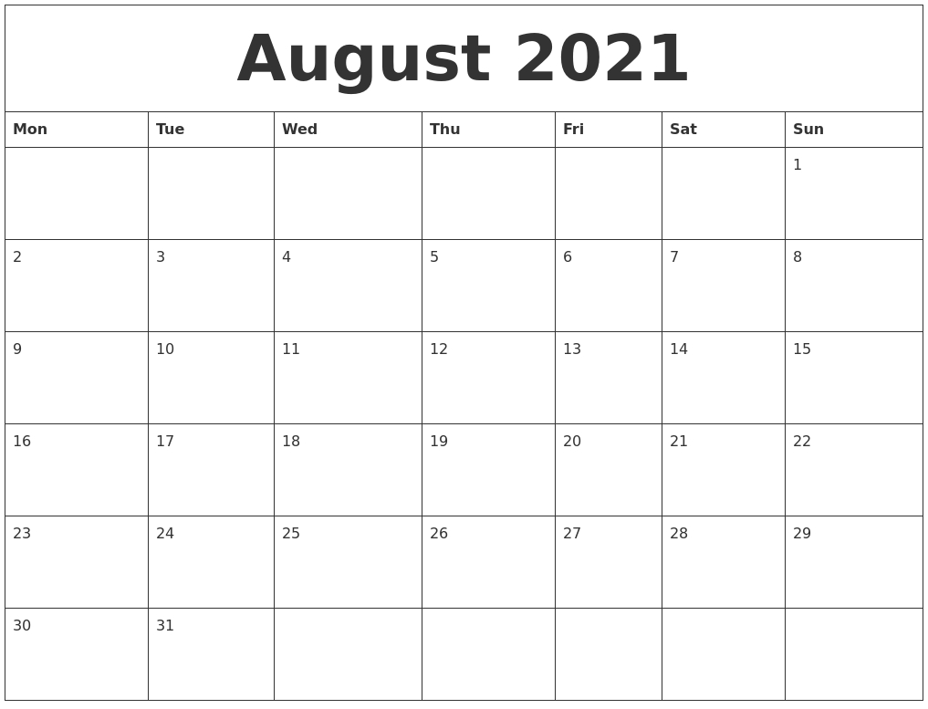 Catch Blank August 2021 Calendar Printable