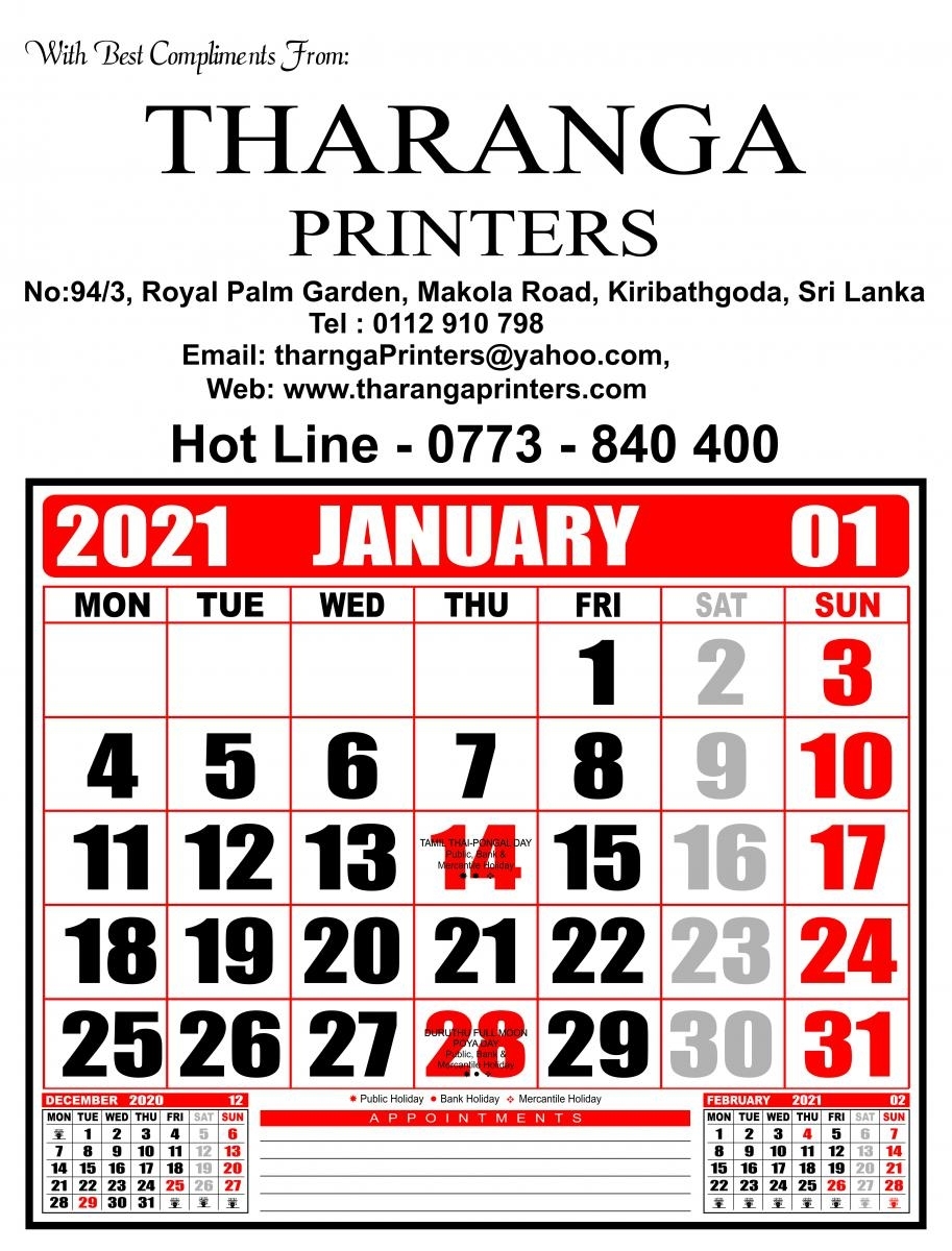 January 2025 Calendar Sri Lanka