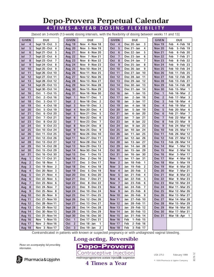 Catch Depo Provera Perpetual Calendar With Ranges 2021