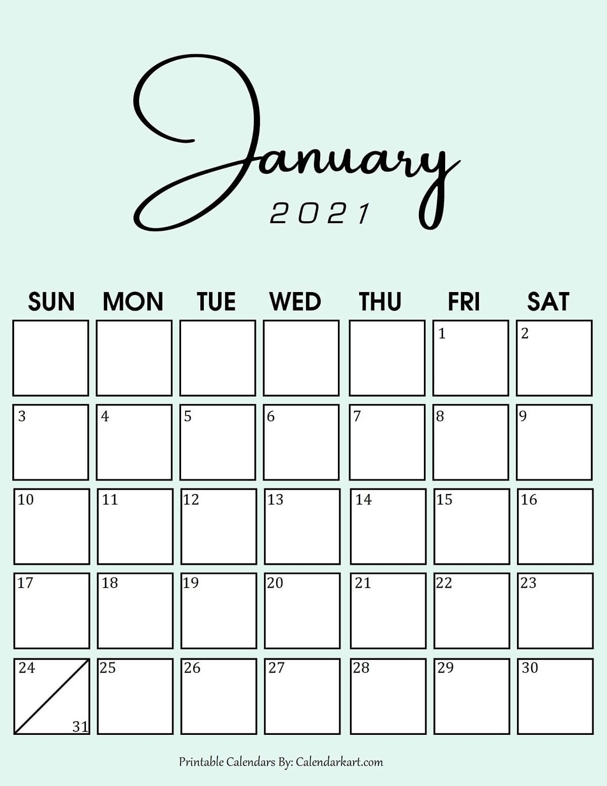 Catch January 2021 Blank Calendar Motivated