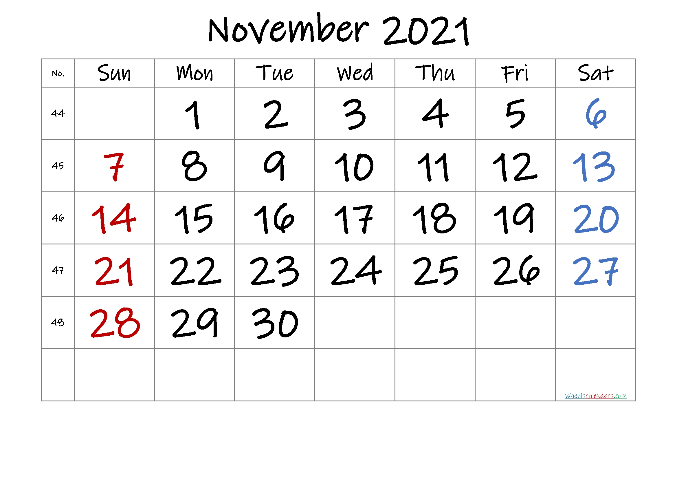 Catch November 2021 Calender Grid