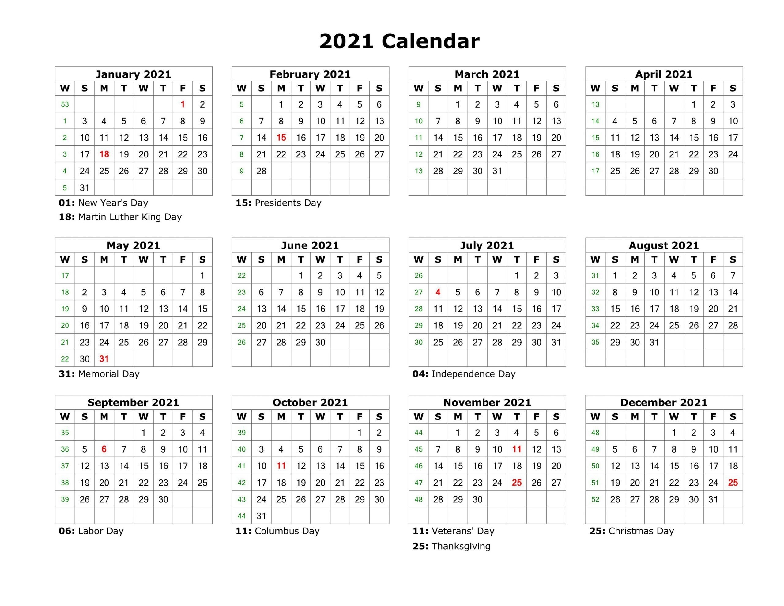 Collect 2021 Calendar Year At A Glance Printable