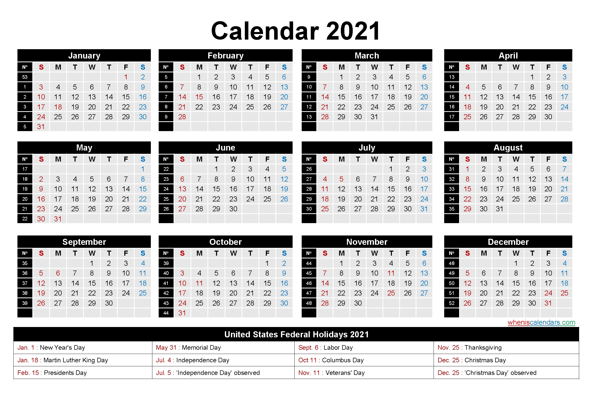 week number calendar 2021
