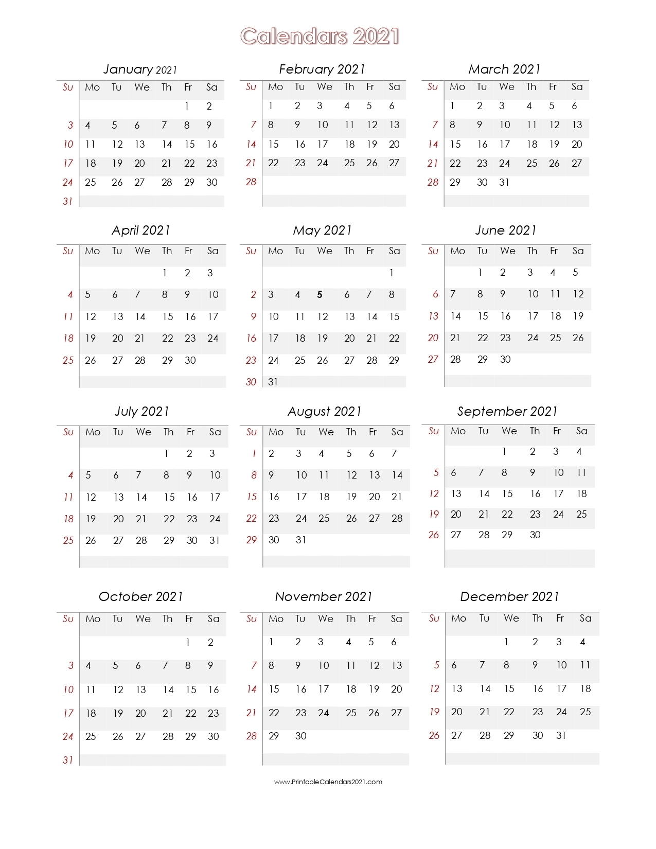 Collect 6 Month Calendar 2021 Printable One Page
