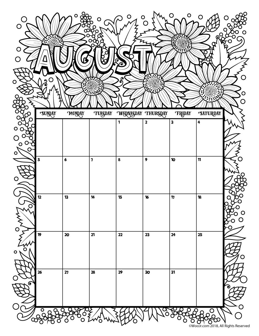 Collect August 2021 Coloring Calendars