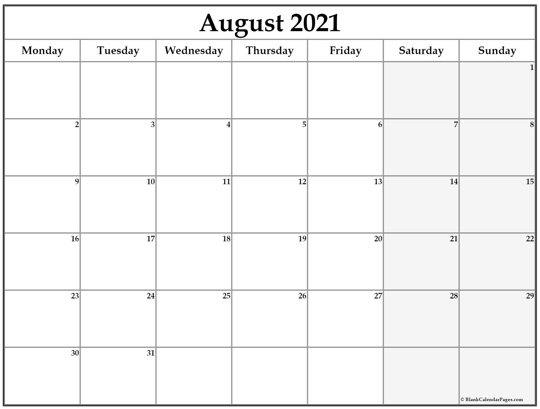 Collect August 2021 Monday To Sunday Calendar