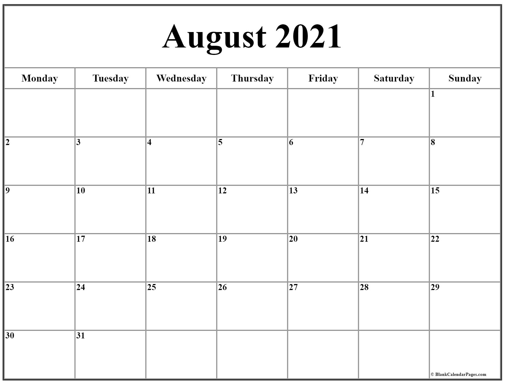 Collect August 2021 Monday To Sunday Calendar