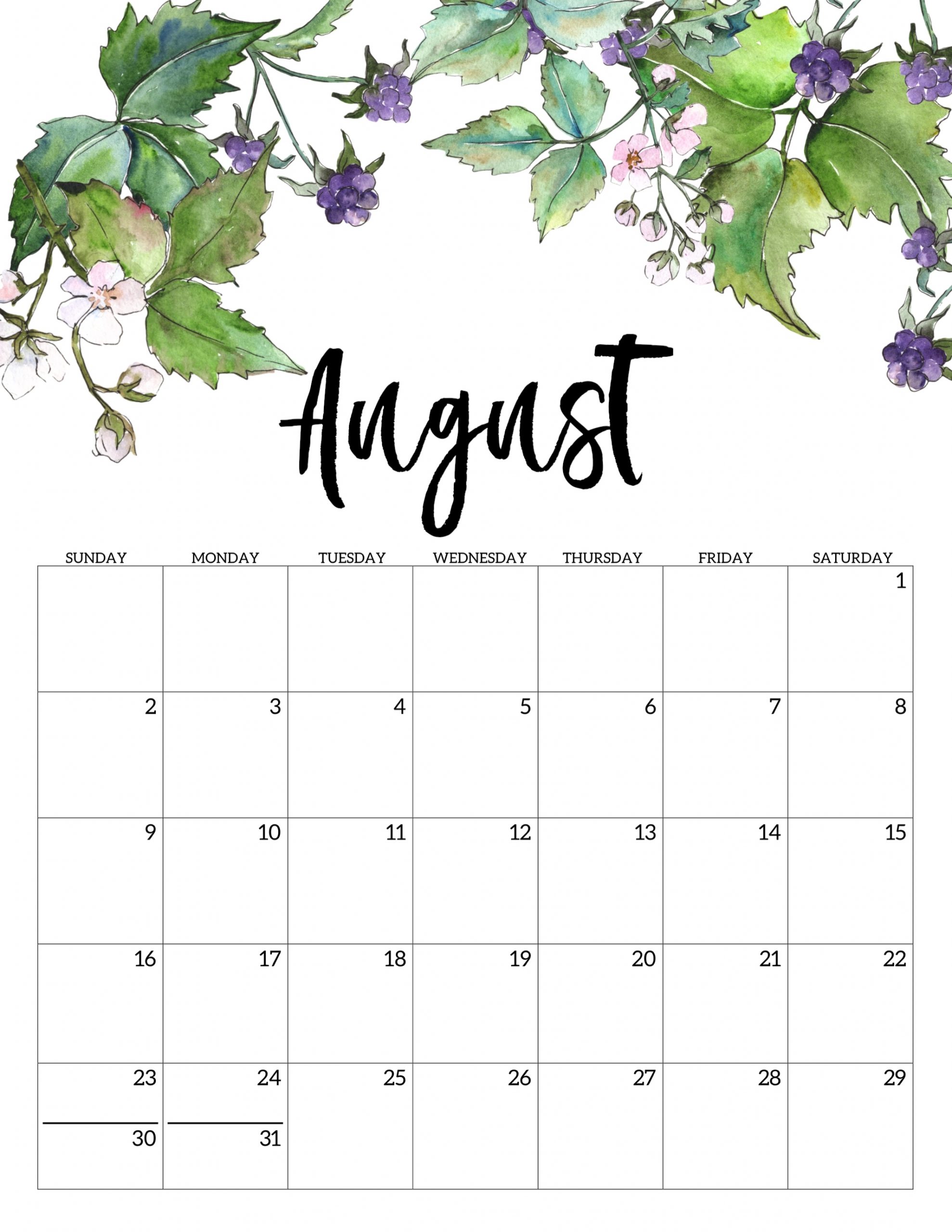Collect August Girly Printable Calendar