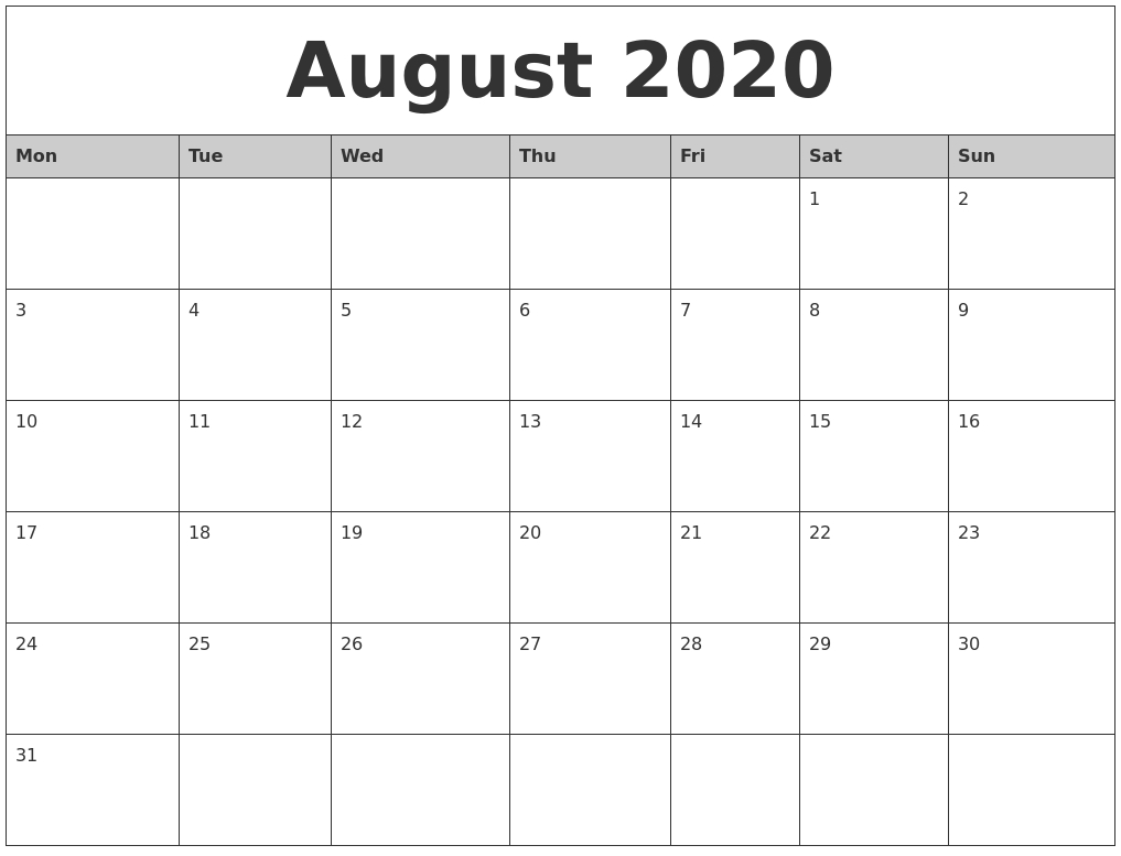 Collect August Monthly Calendar Monday To Friday