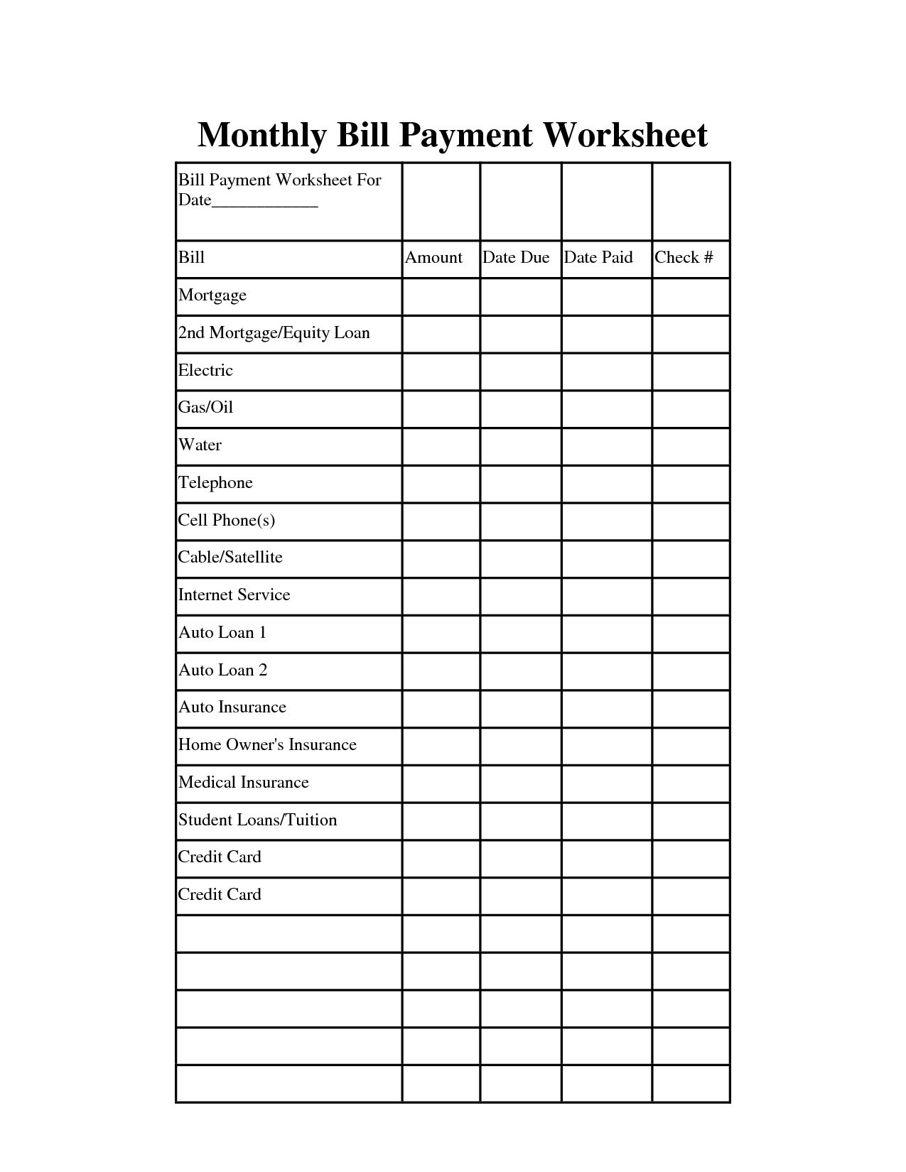 Collect Blank Chart For Monthly Bills