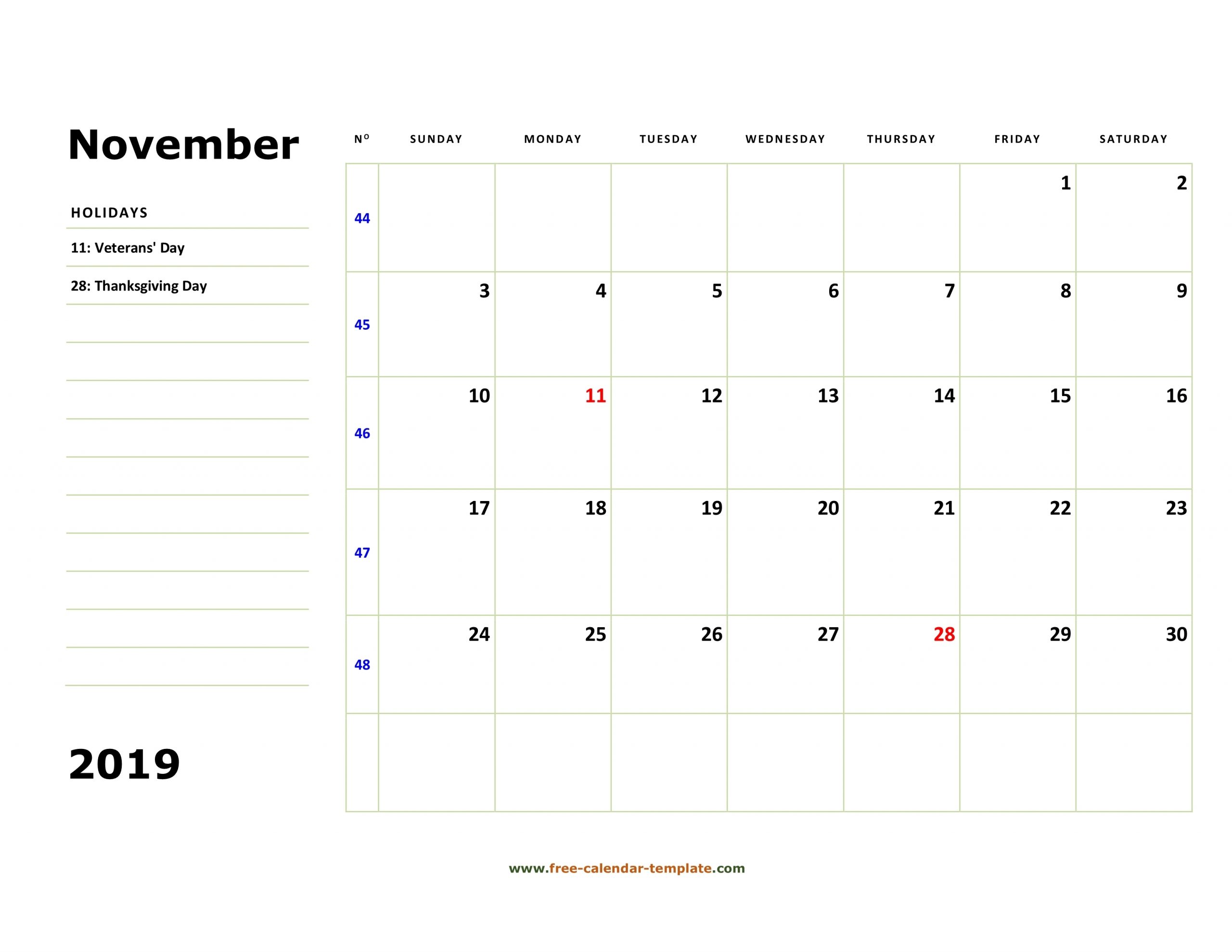 Collect Blank Horizontal November Calendar