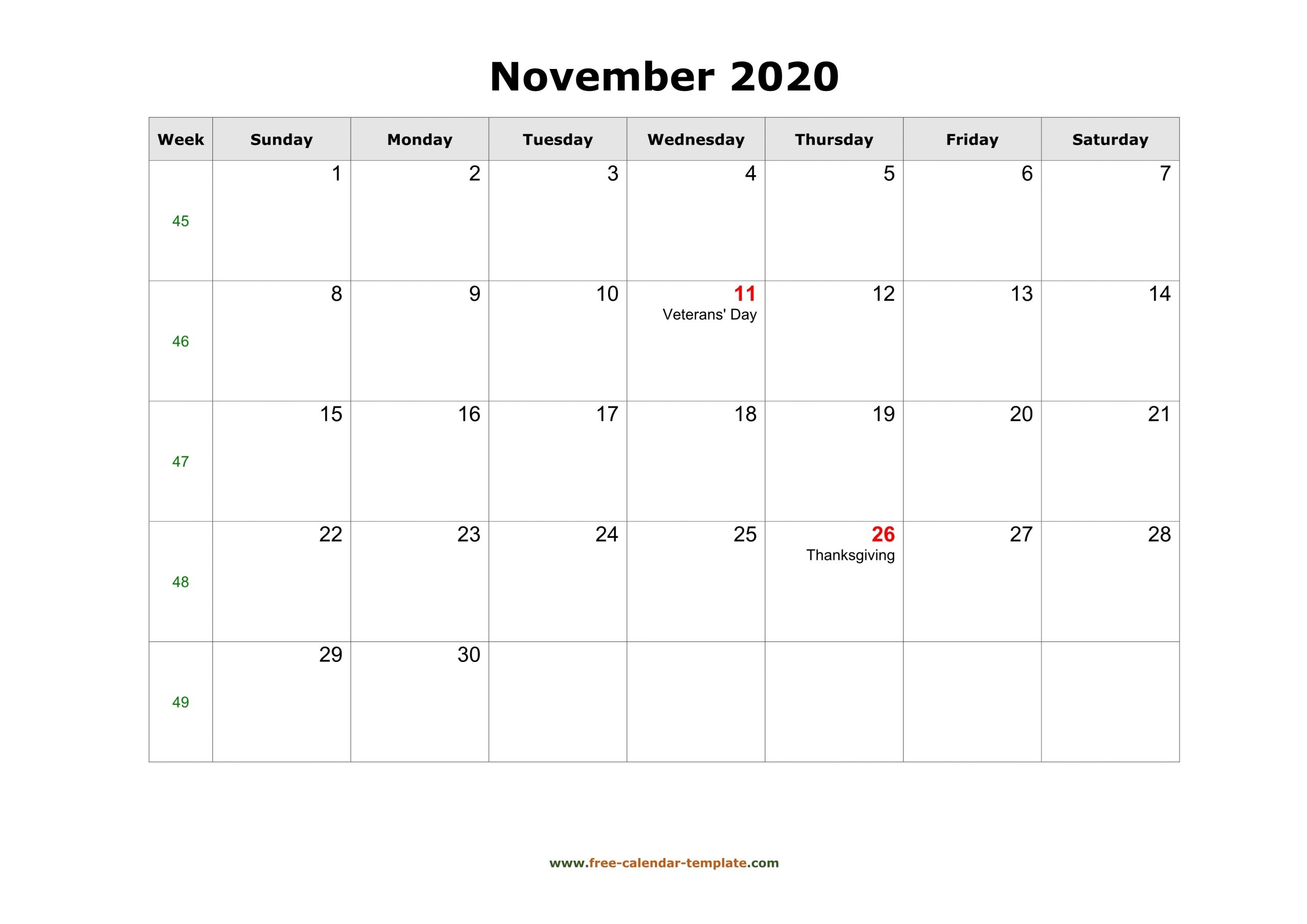 Collect Blank Horizontal November Calendar