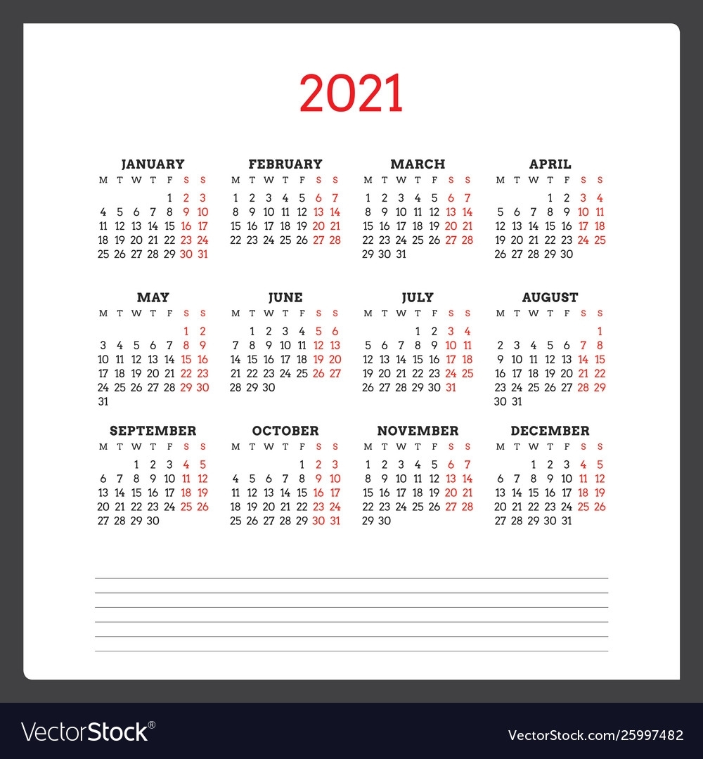 Collect Calender 2021 Week Start Monday