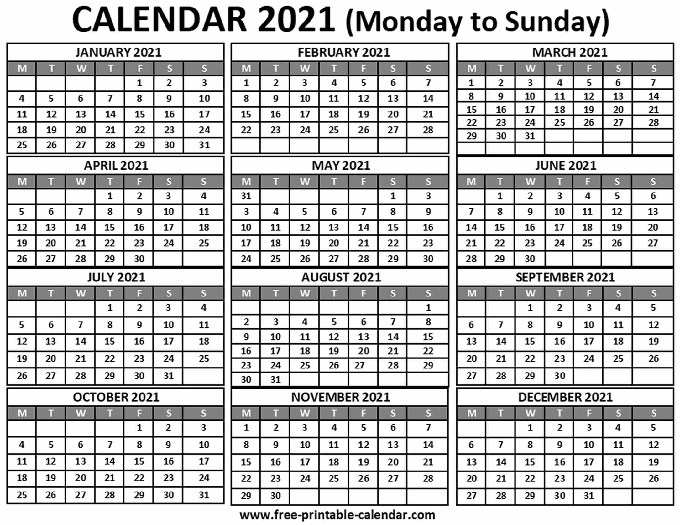 Collect Free Printable Caldender 2021 Monday To Sunday