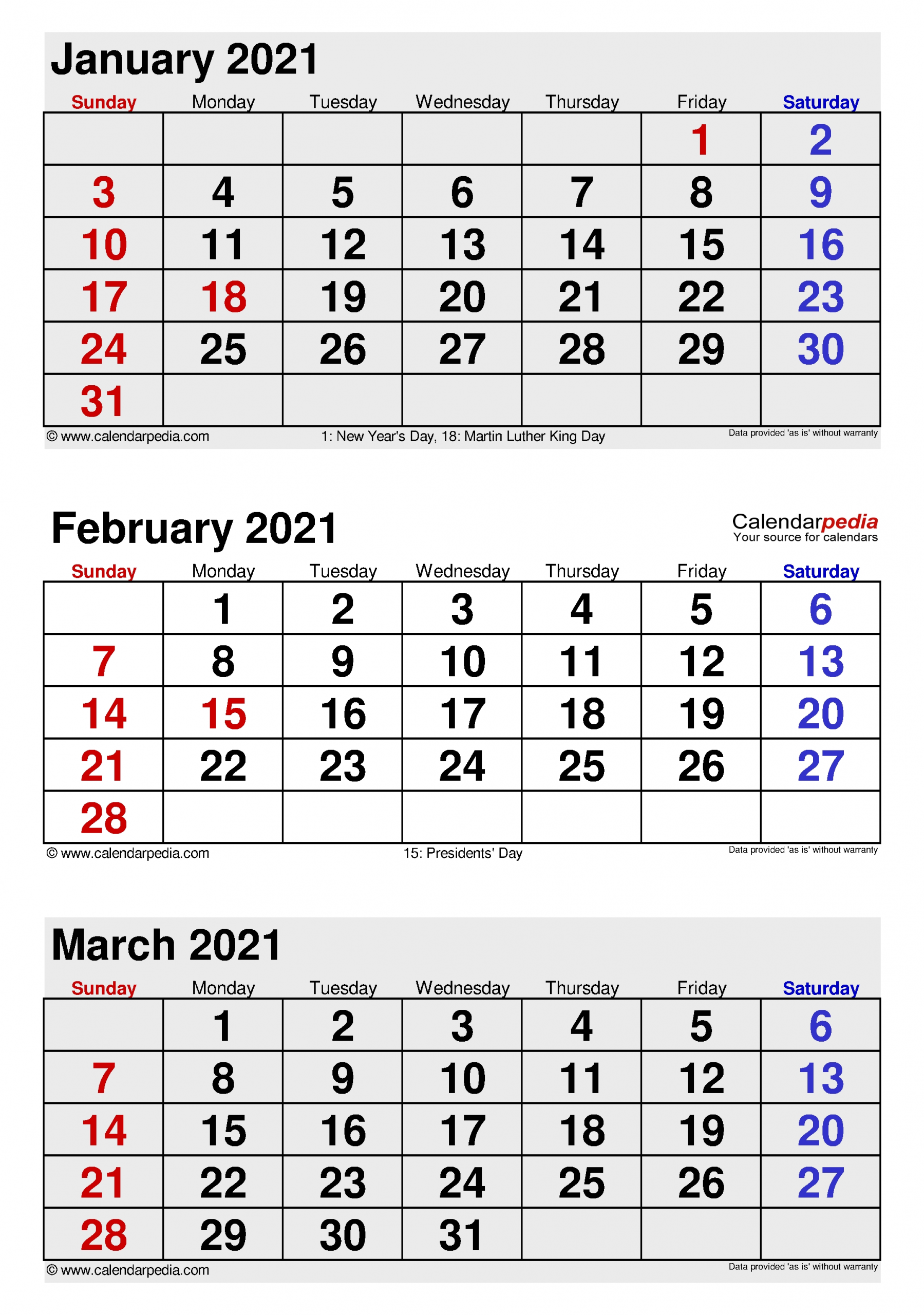 Collect Jan Feb March Calendar 2021