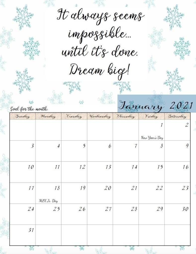 Collect January 2021 Blank Calendar Motivated