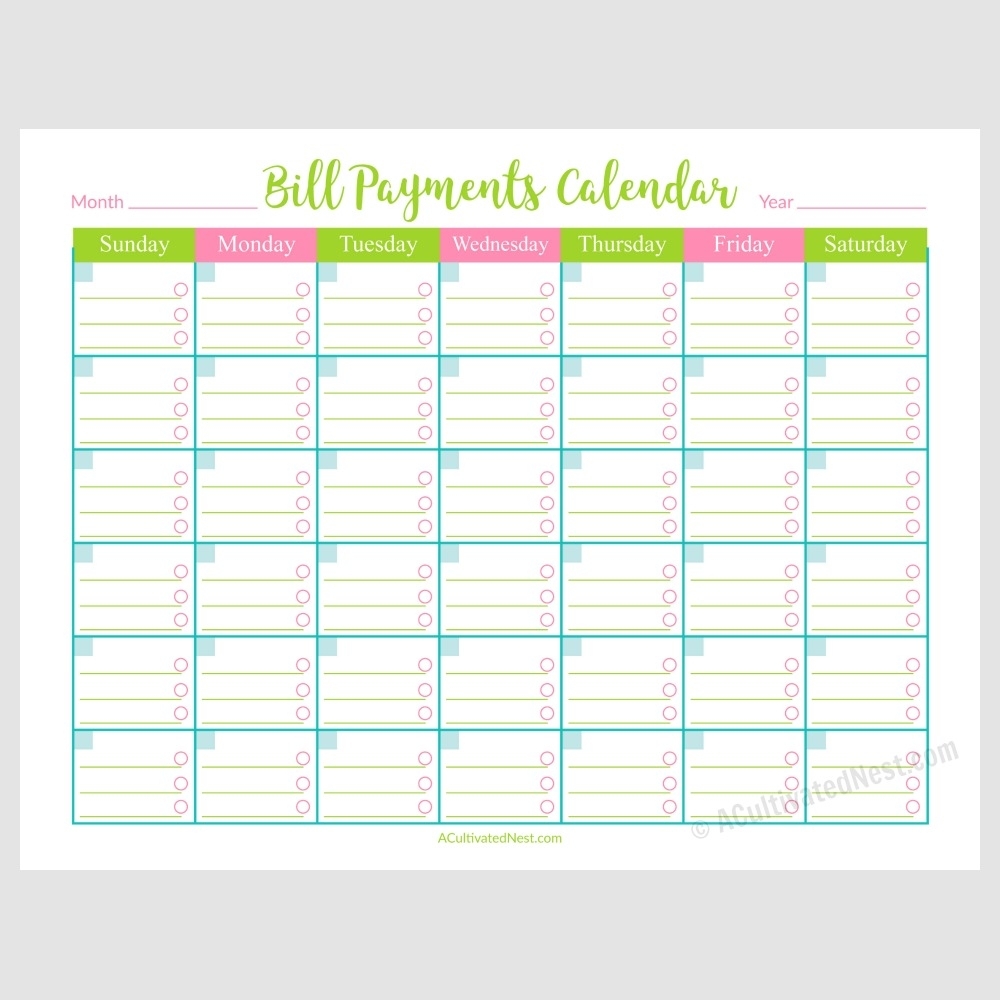 Collect Monthly Bill Calendar Template