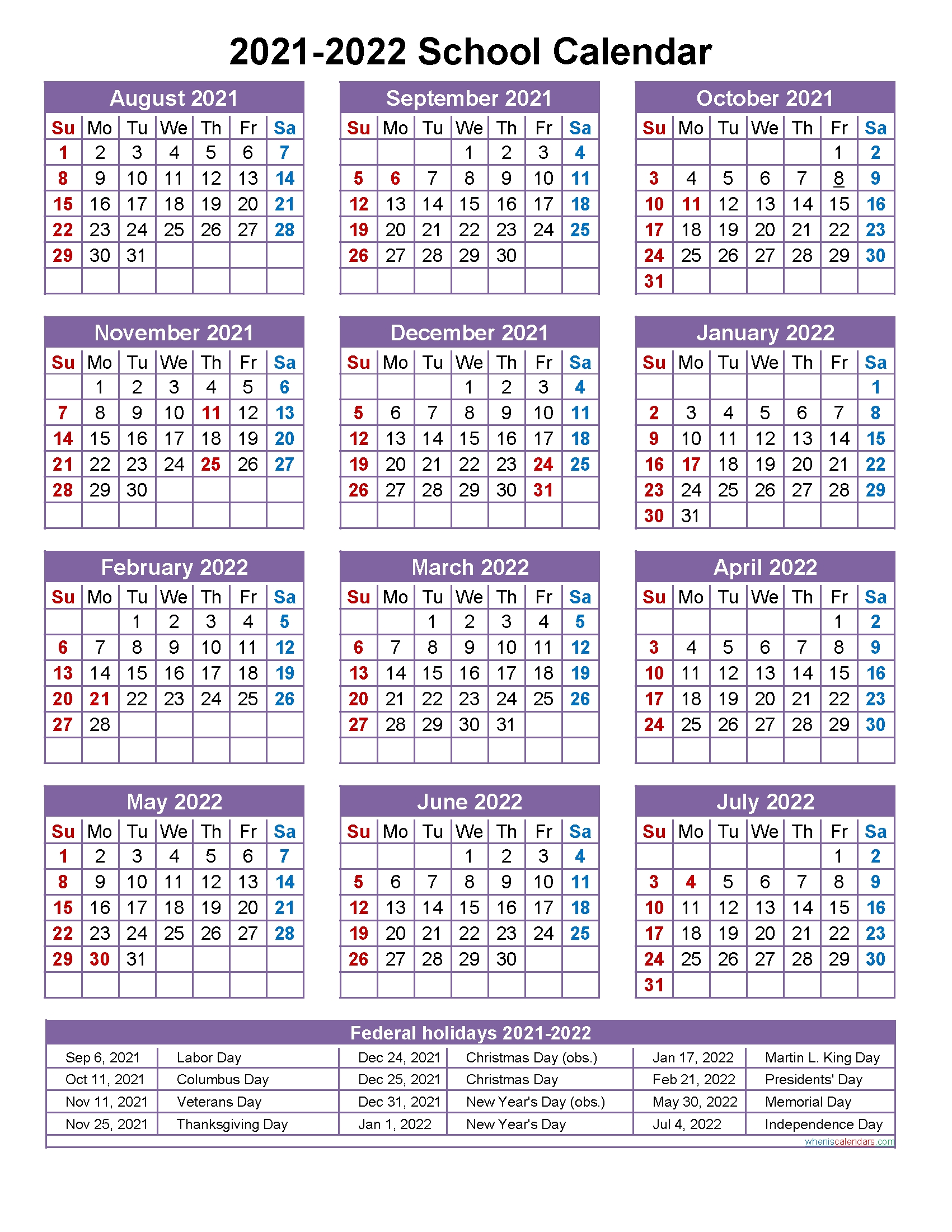 Collect Printable 2021 2022 School Calendar