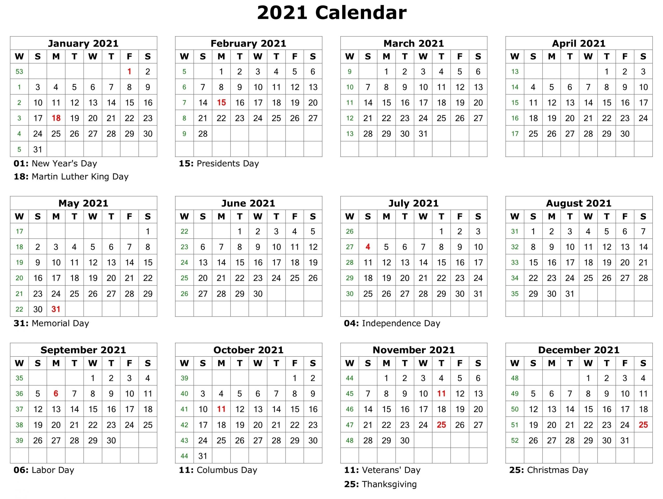 Collect Printable 2021 Calendar Landscape