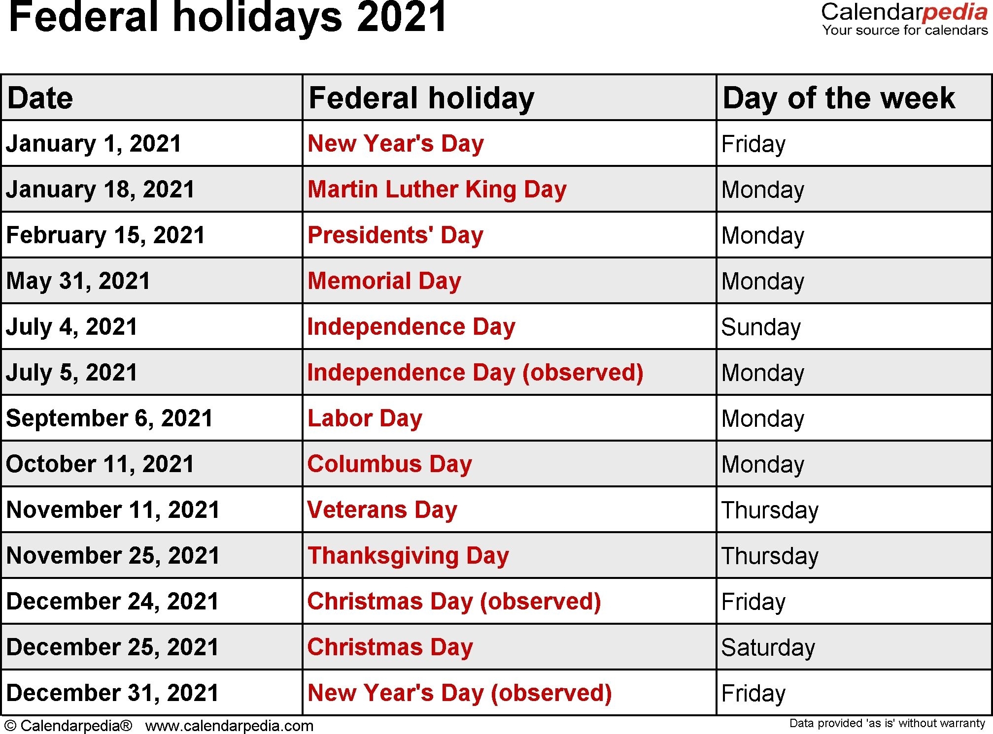 Collect Printable Calendar 2021 National Days List