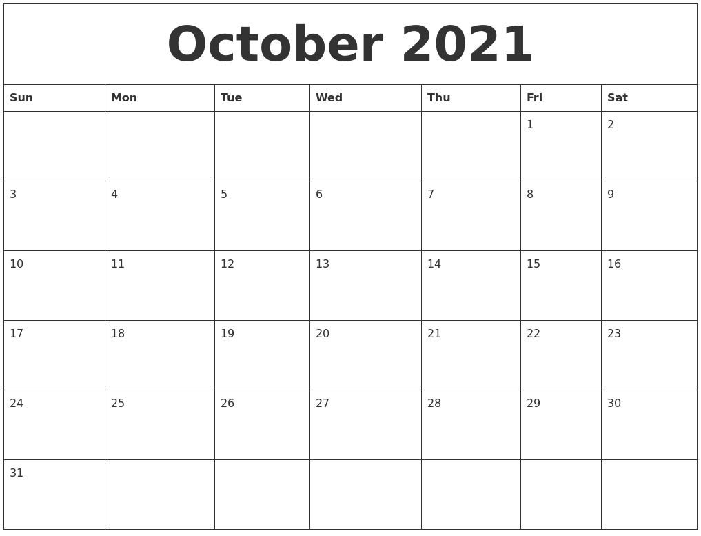 Collect Printable Monthly Calendar Oct 2021 Free