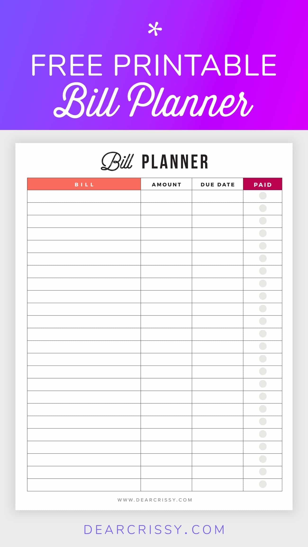 Collect Printable Weekly Bill Planner