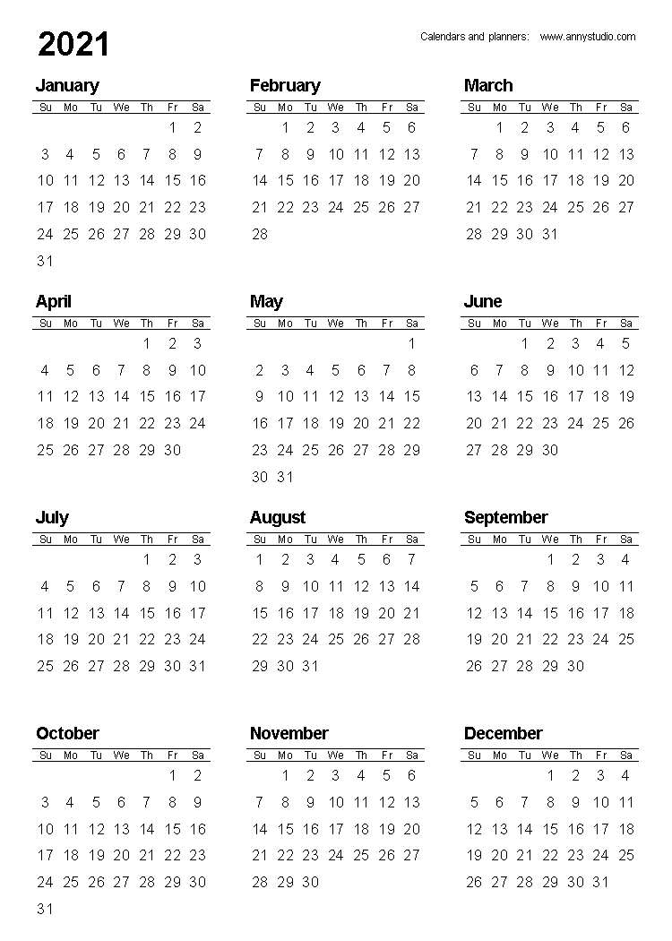 Collect Small Printable 2021 Yearly Calendar