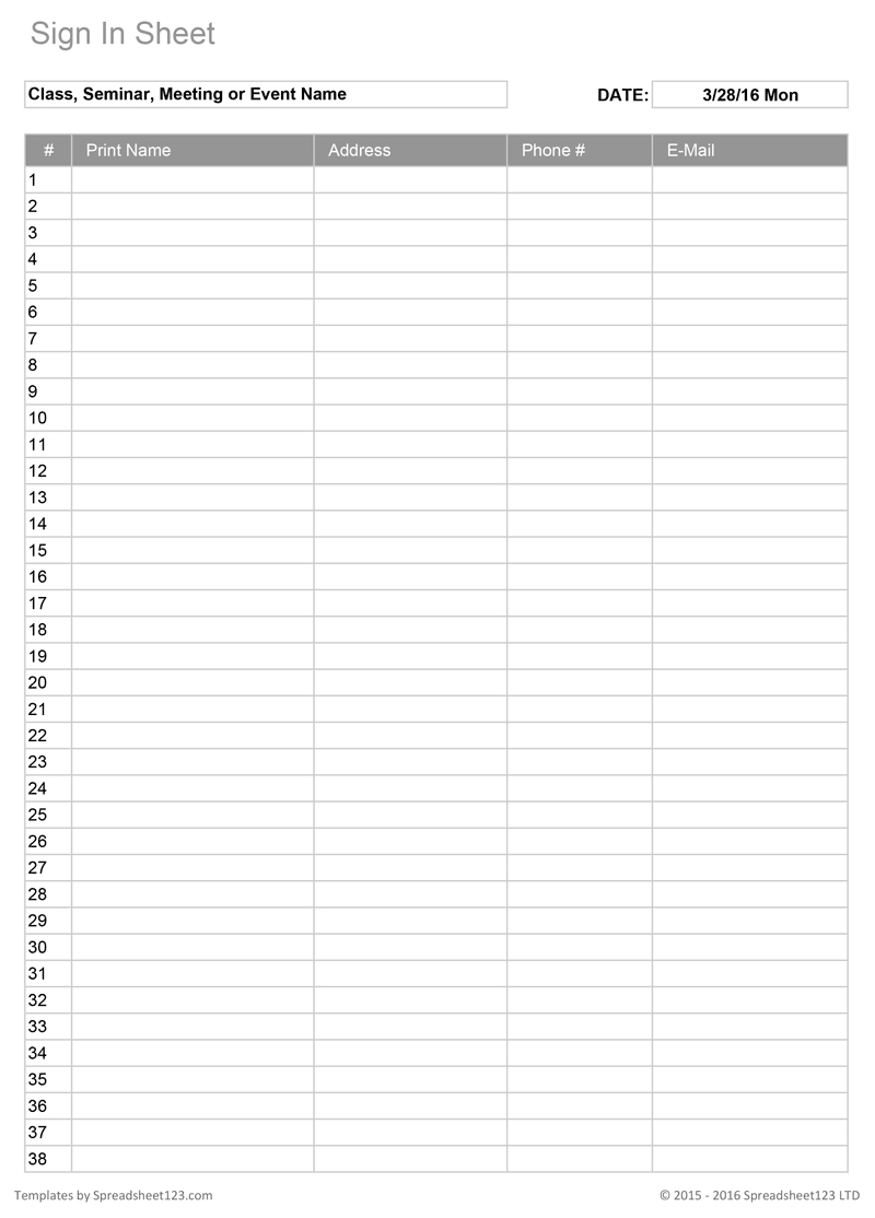 Collect Weekly Sign In Sheet Printable Blank
