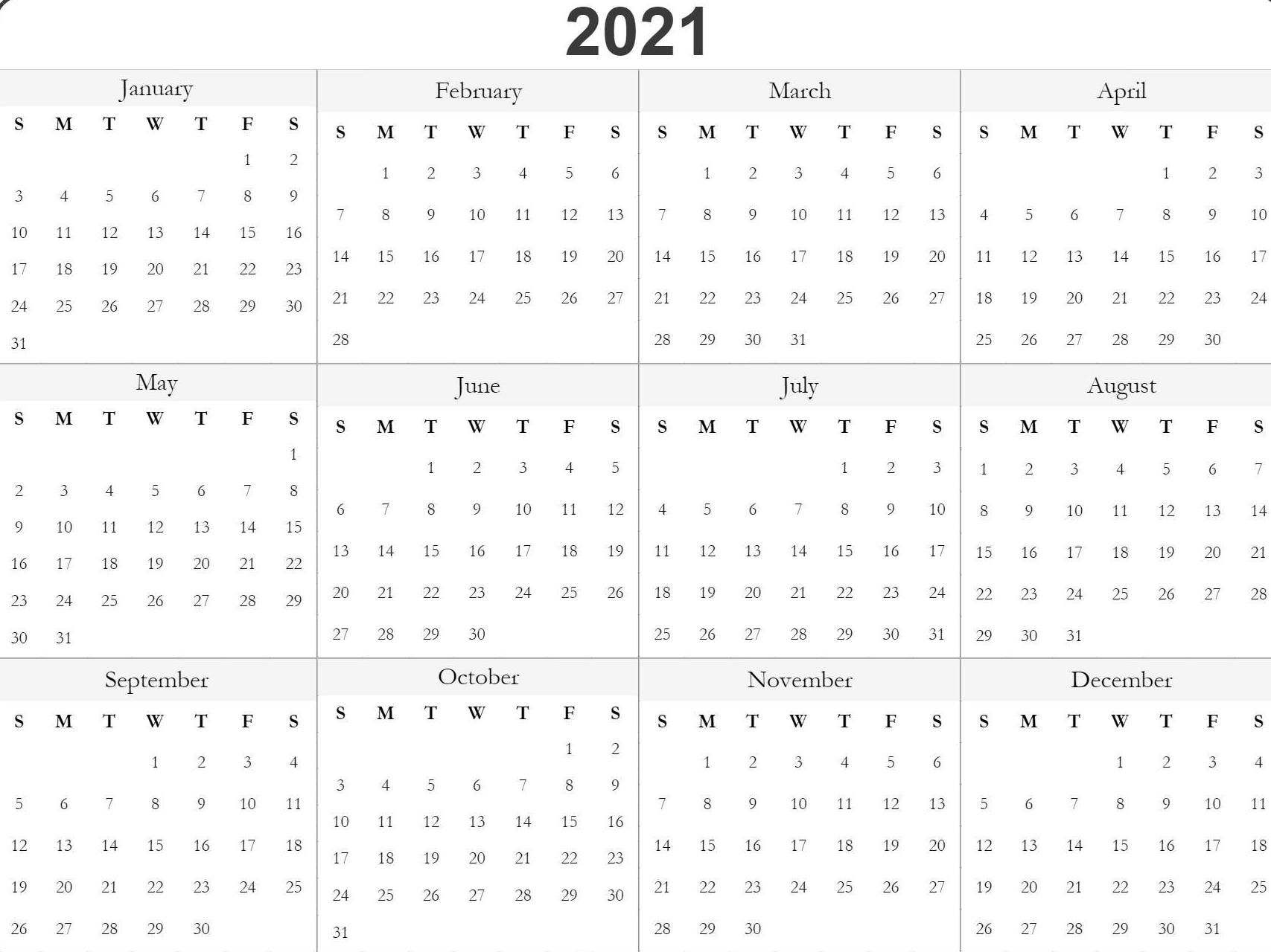 Get 2021 12 Month Calendar Template