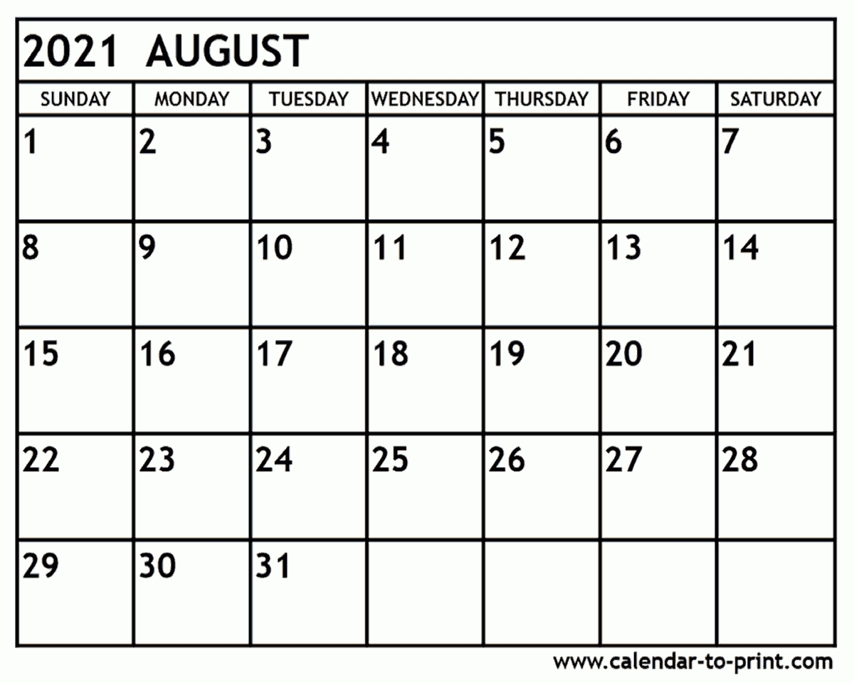 Get 2021 August Calendar Printable