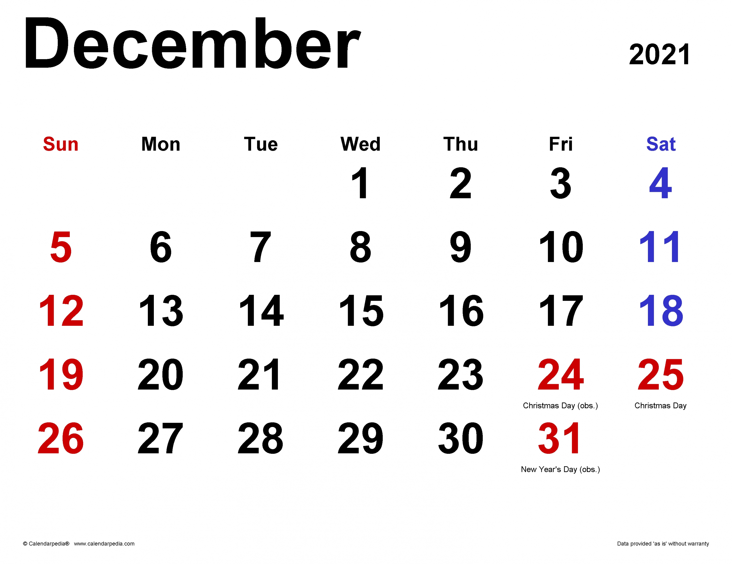 Get 2021 Calendar Printable December Christmas