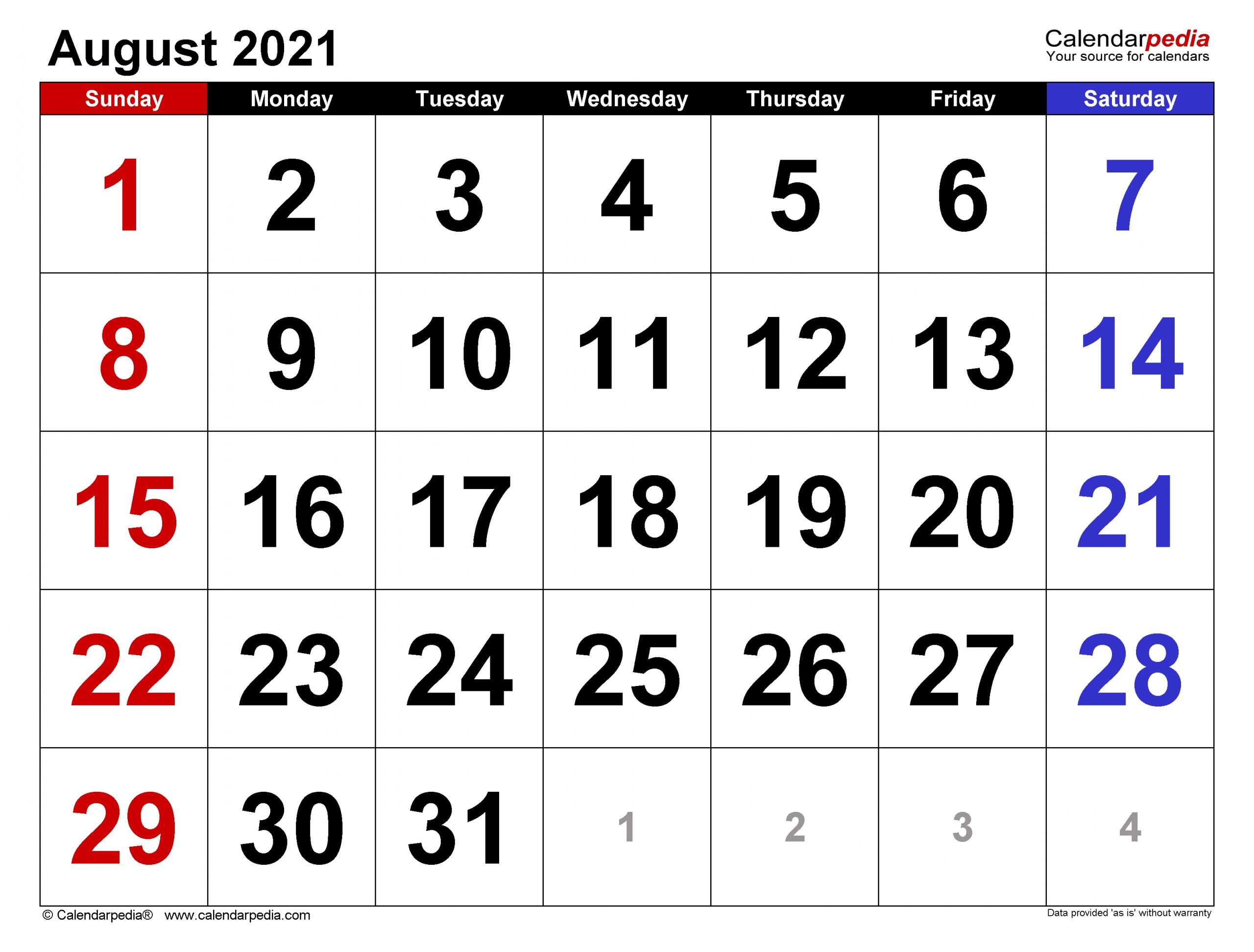 Get August 2021 Calendar Fill In