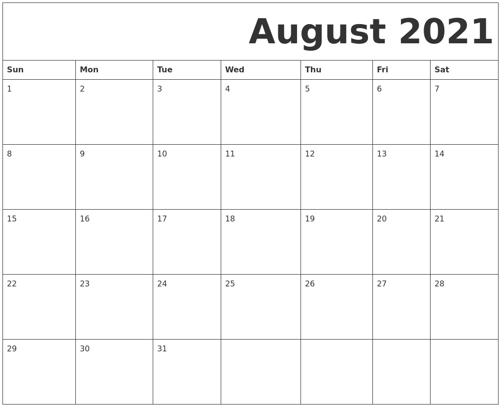 Get August 2021 Calendar Printable Template