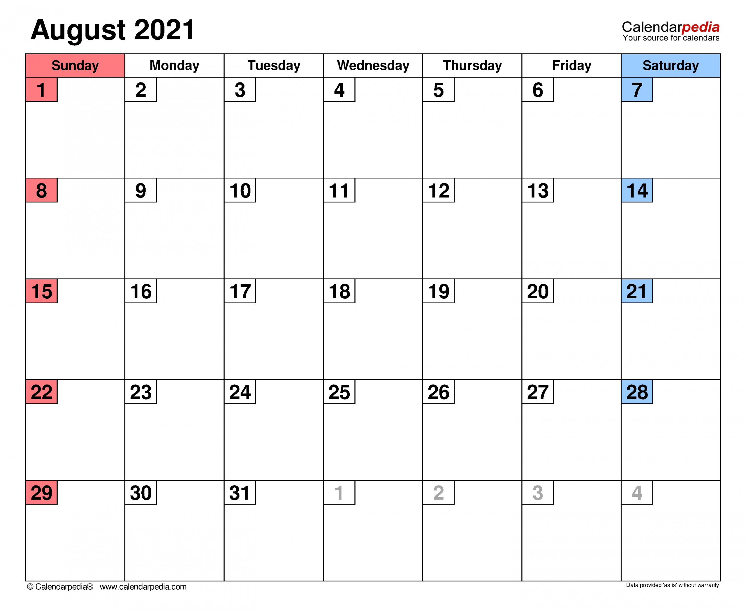 Get August 2021 Calendar With Writing Space