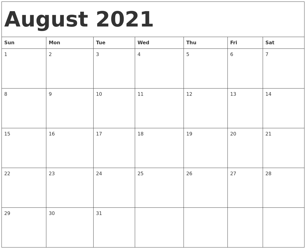 Get August 2021 Monday To Sunday Calendar