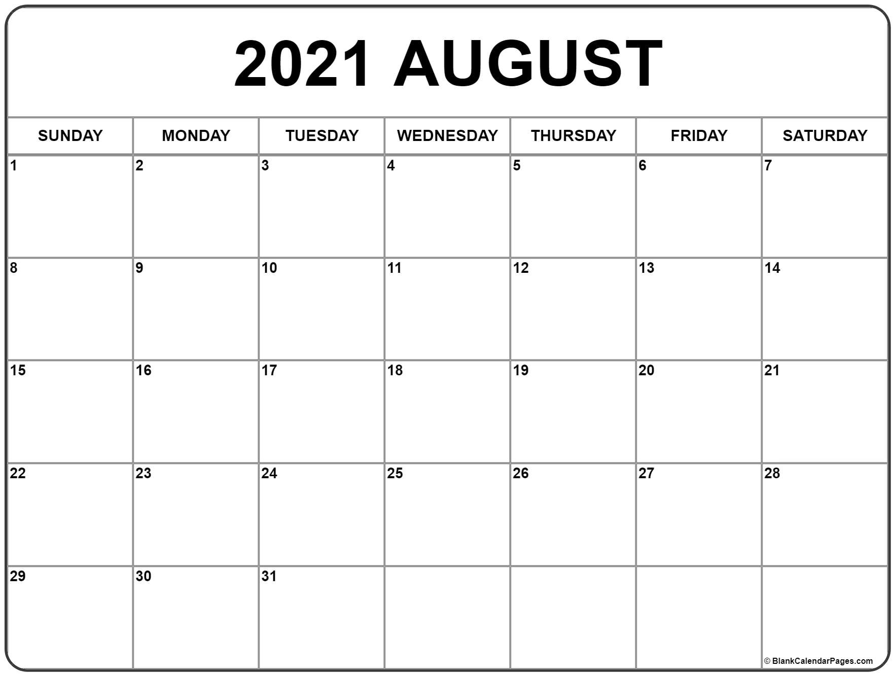 Get August Calendar 2021 Printable Free