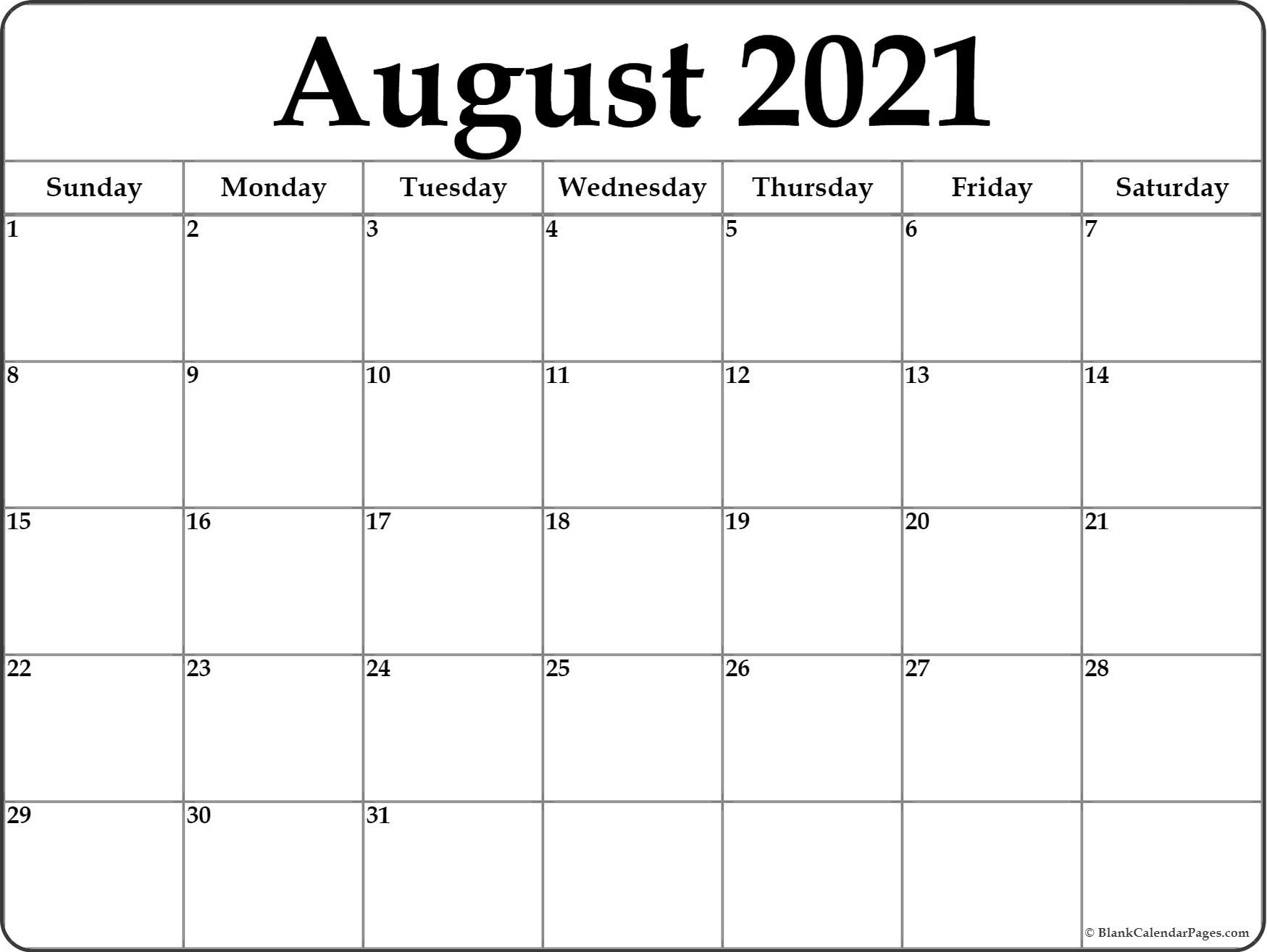 Get Blank August 2021 Calendar Printable
