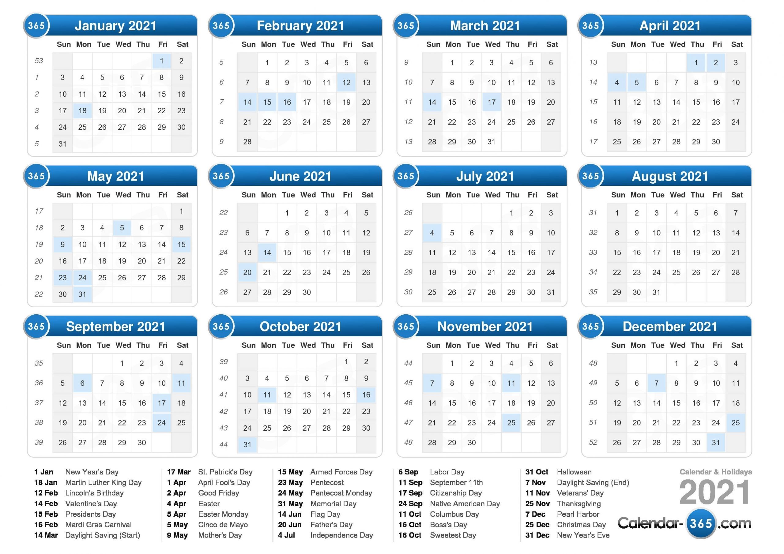 Get Calendar With Days Numbered For 2021