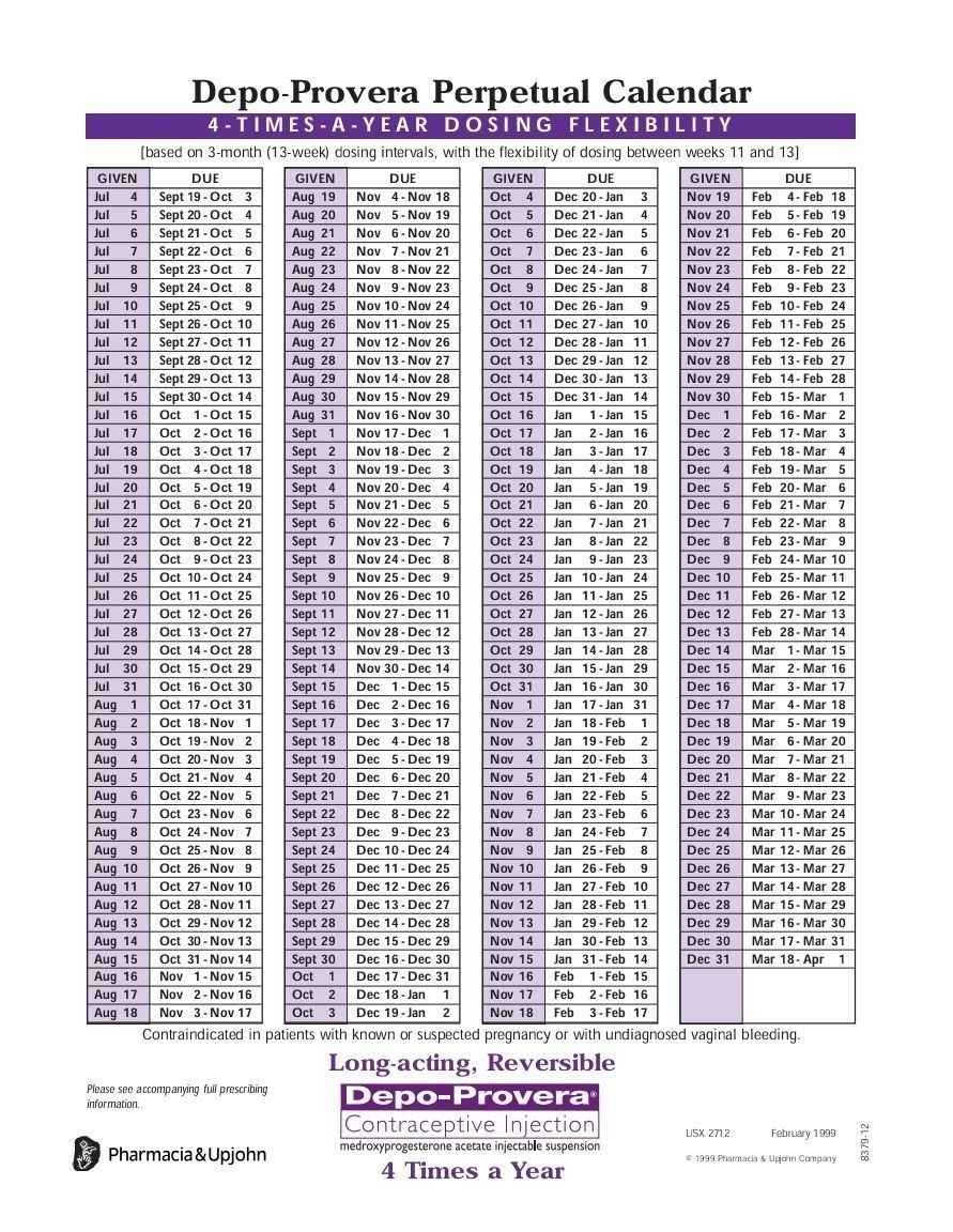 Get Depo Provera Printable Date Range Calendar