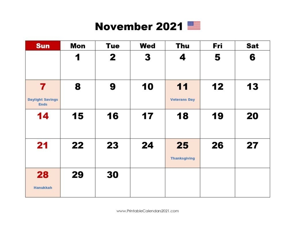 Get Festive November 2021 Calendar Printable