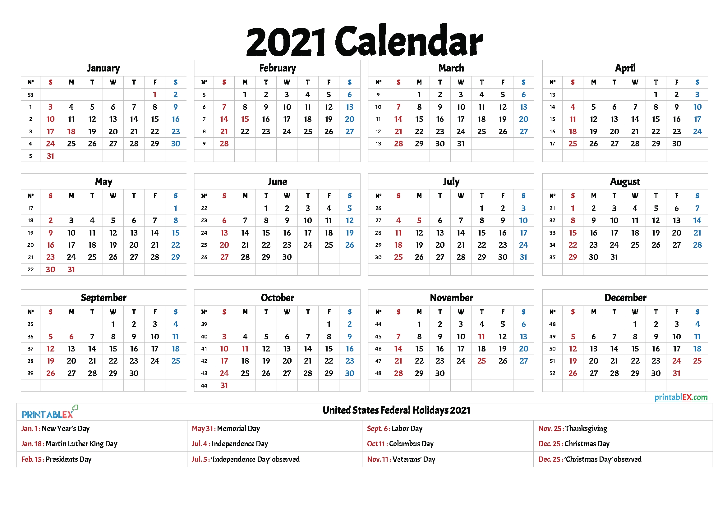 Get Free Printable 2021 Calendar With Holidays Us