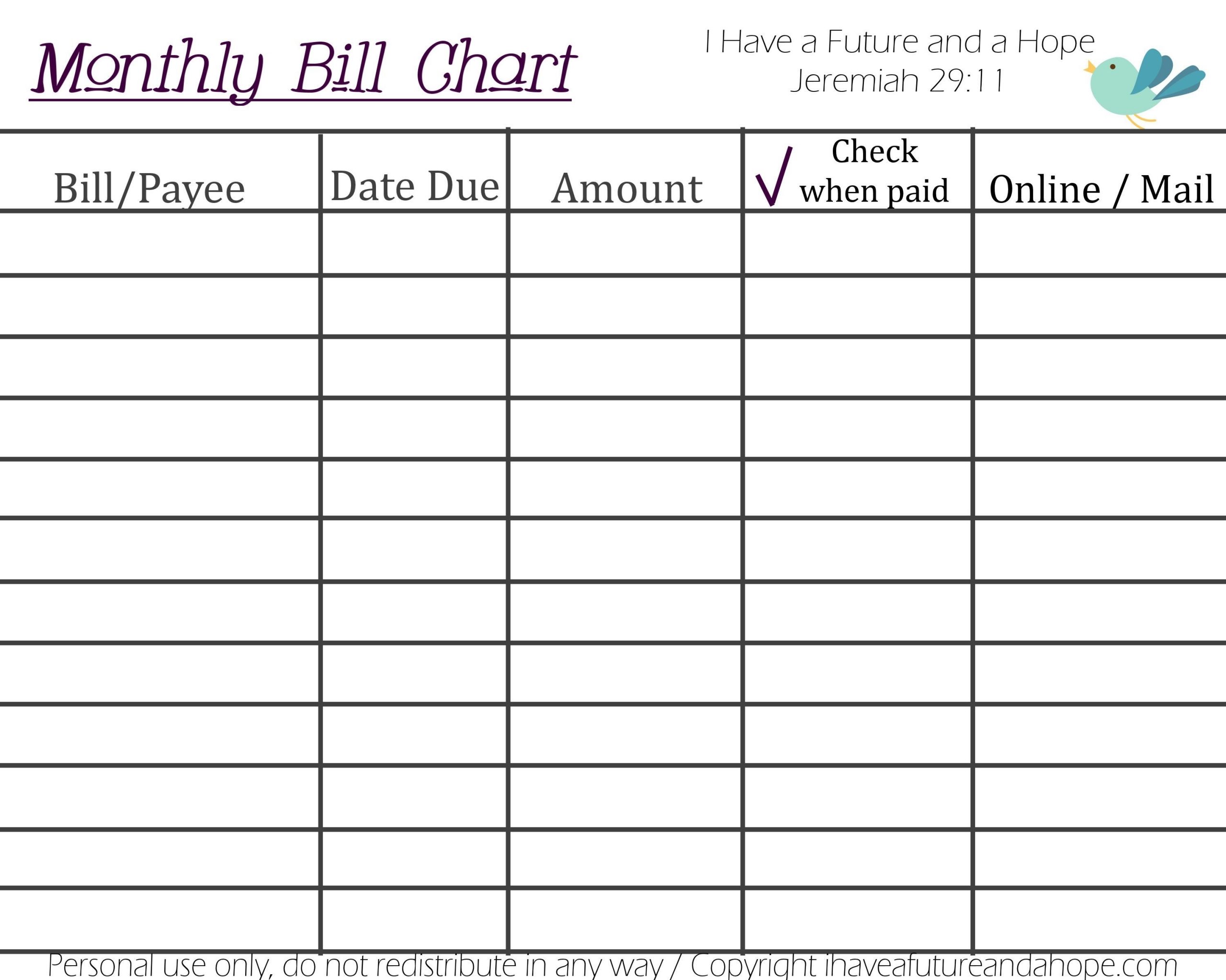  Free Printable Bill Payment Chart Best Calendar Example