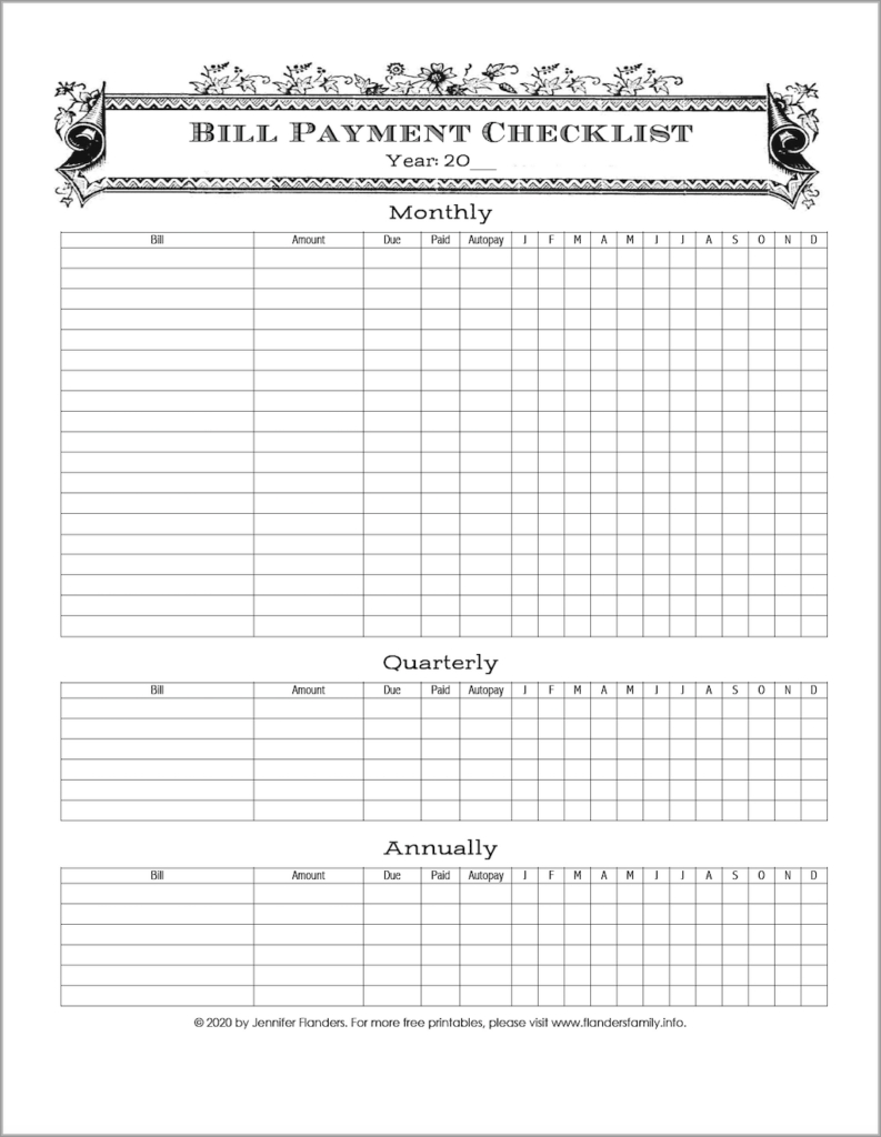 Get Free Printable Bill Payment Chart