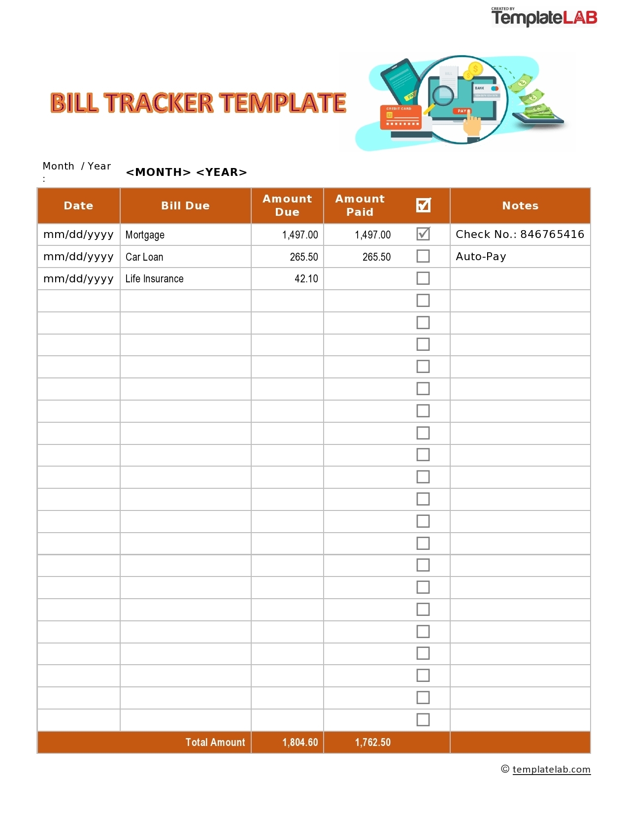 Bill Tracker Calendar Template Free