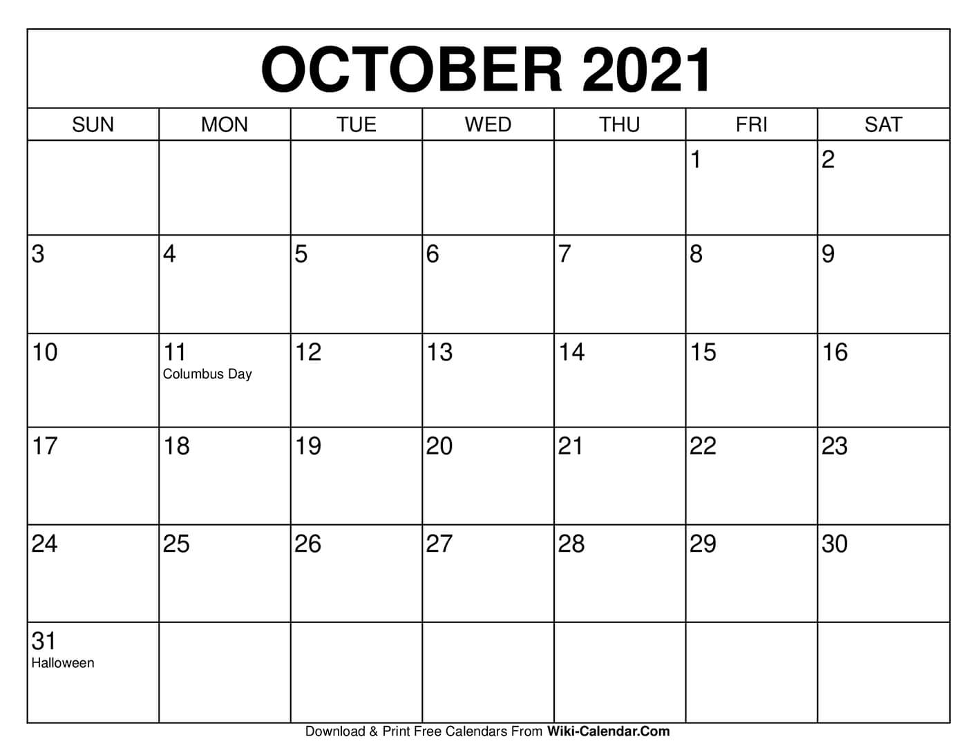 Get Free Printable October 2021 Calendar