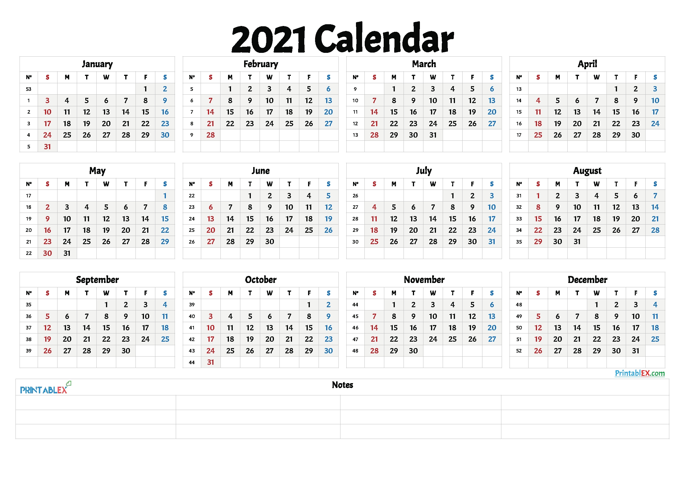 Get Free Printable Yearly Calendar 2021